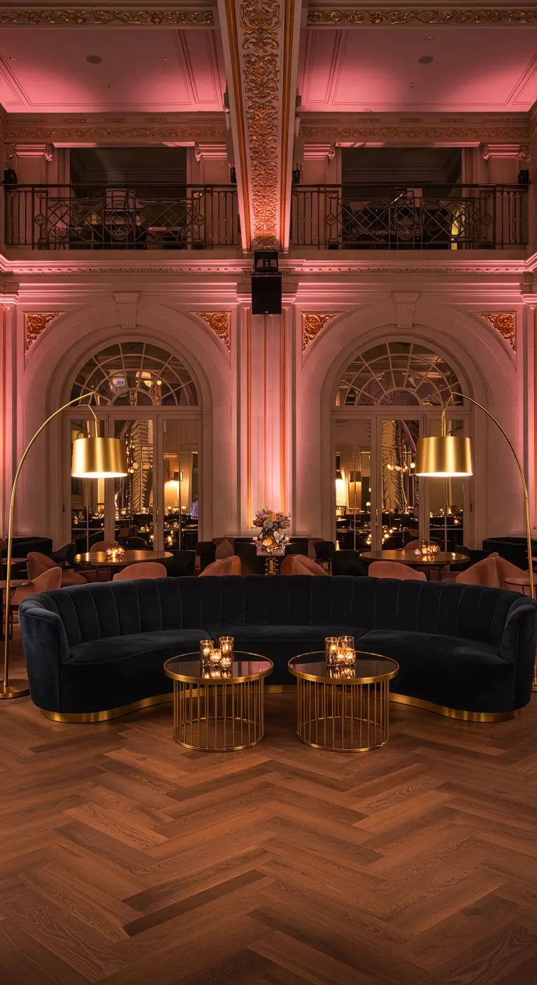 A large, dimly lit lounge with a curved blue sofa framed by two large golden arched floor lamps.