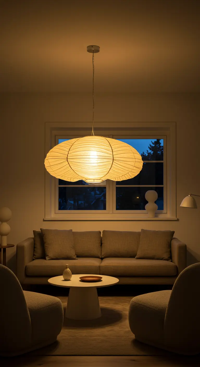 A living room at night, warmly lit by a large, oval-shaped paper lantern pendant light.