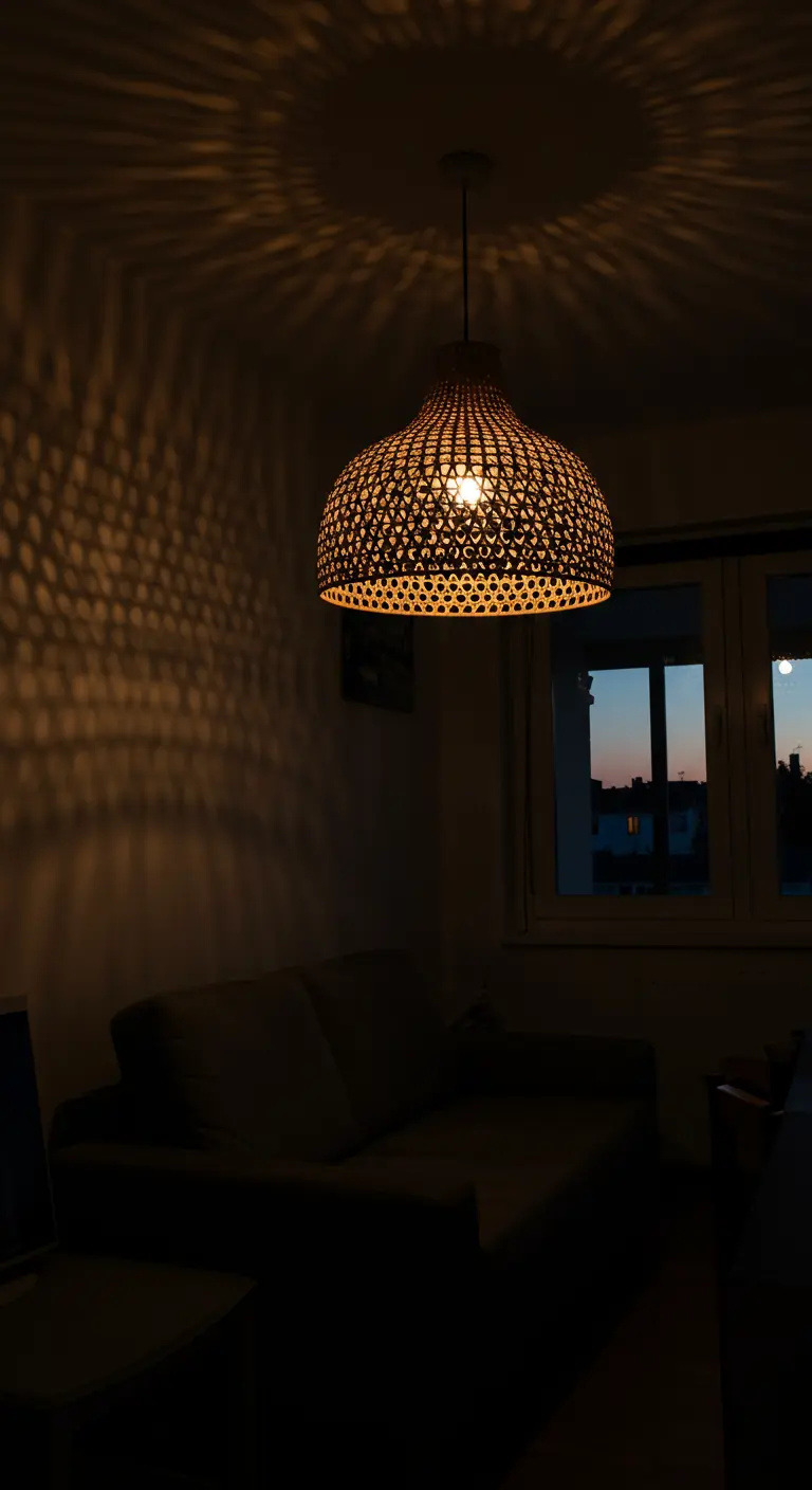 A woven rattan pendant light lit in a dark room, casting intricate patterns on the walls.