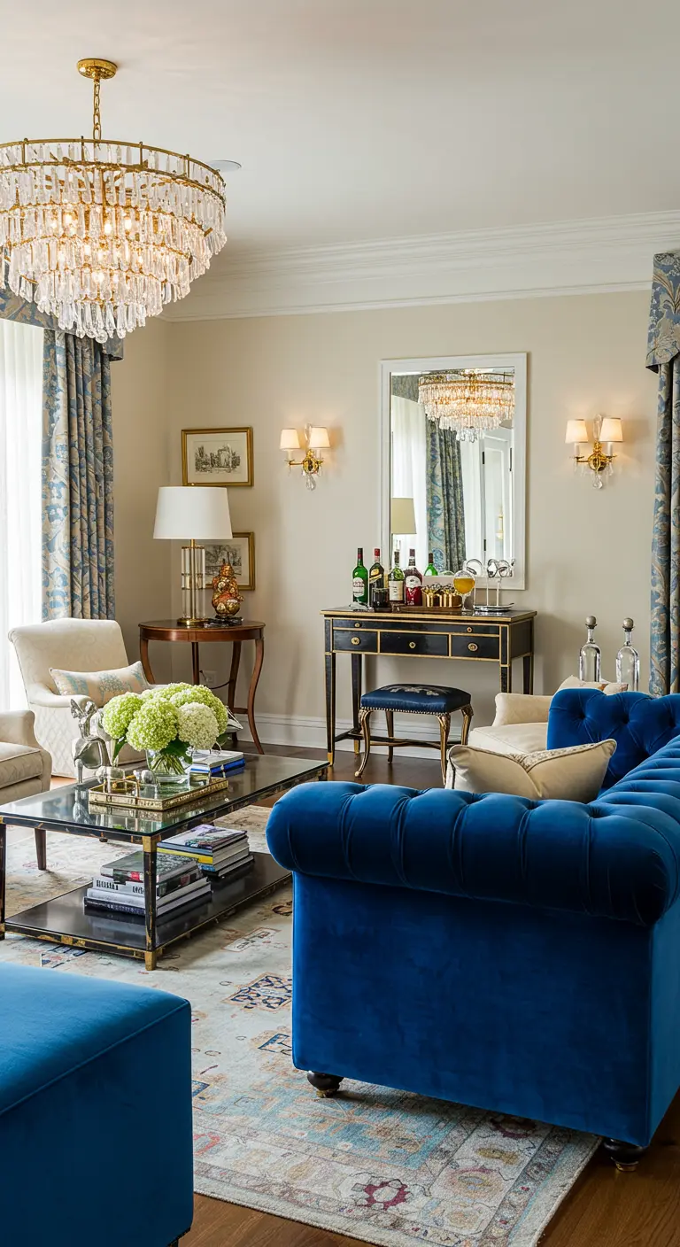 A blue velvet tufted sofa in a living room with a dedicated bar console table.
