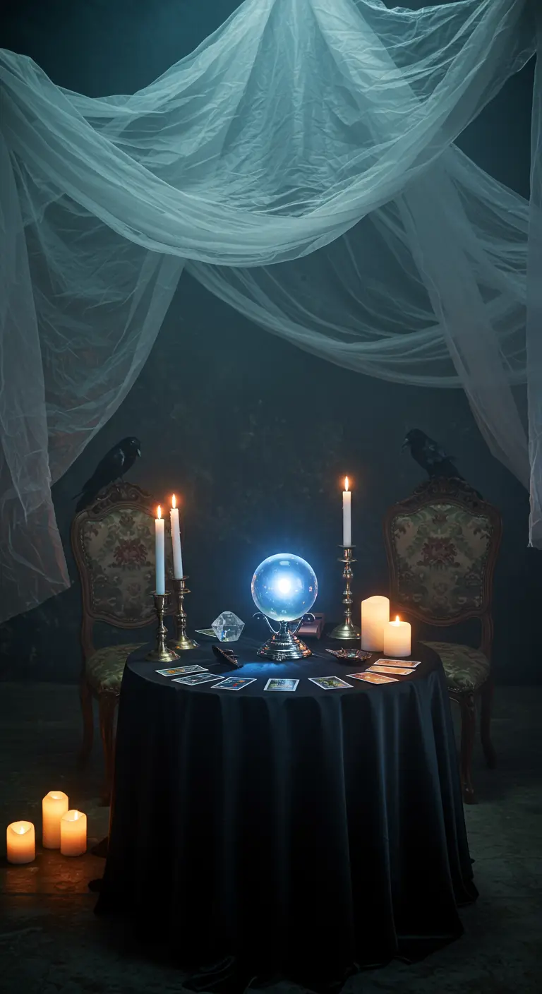 A fortune teller's table with a crystal ball, tarot cards, and candles under a gauzy canopy.