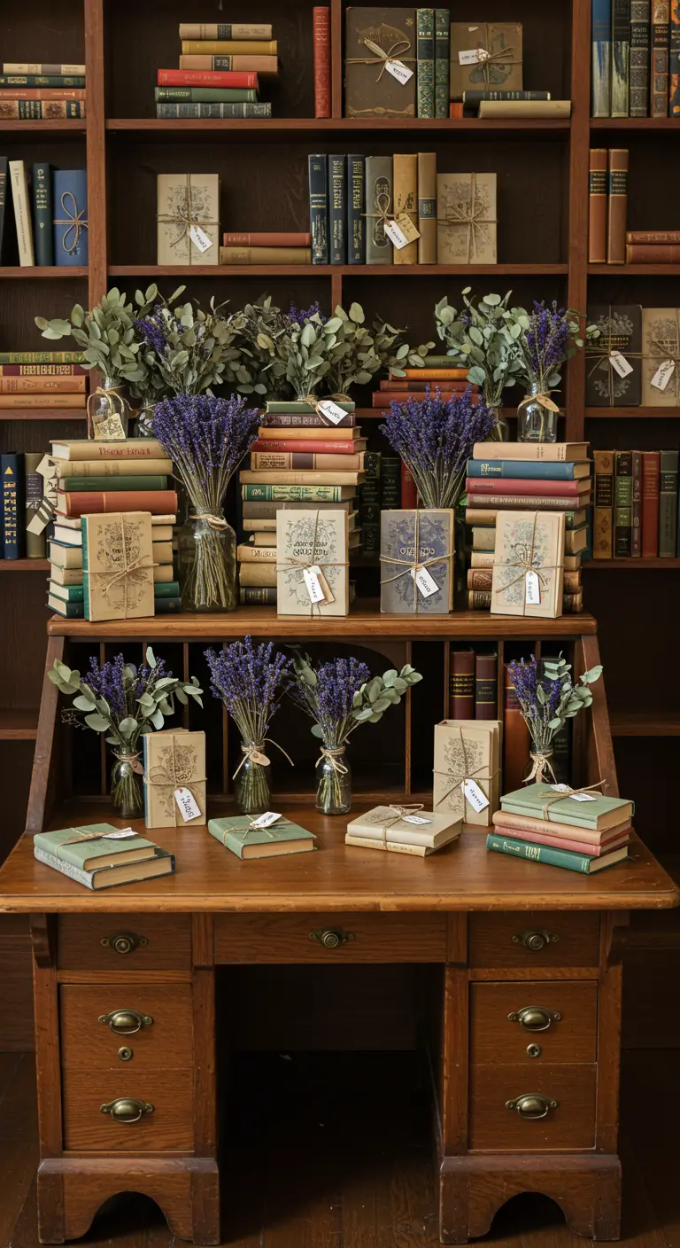A vintage desk decorated with lavender bundles and books wrapped in kraft paper as party favors.