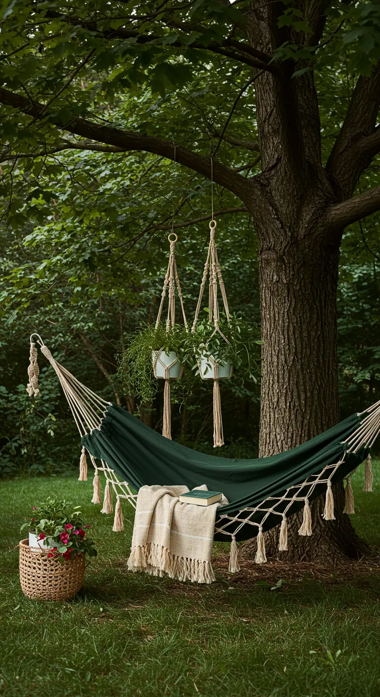 A dark green fabric hammock with simple tassels hanging between two trees in a lush yard.