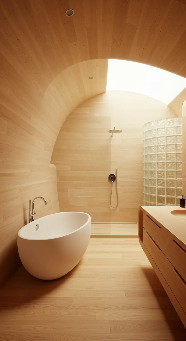 Bathroom with curved light wood walls, an egg-shaped tub, and a glass block shower.