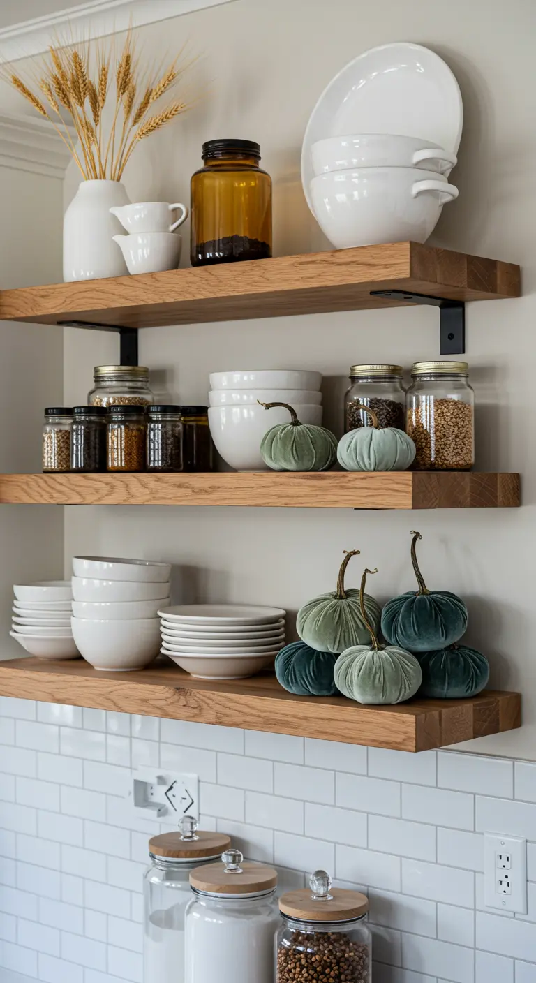Open kitchen shelves decorated with white dishes and small velvet pumpkins.