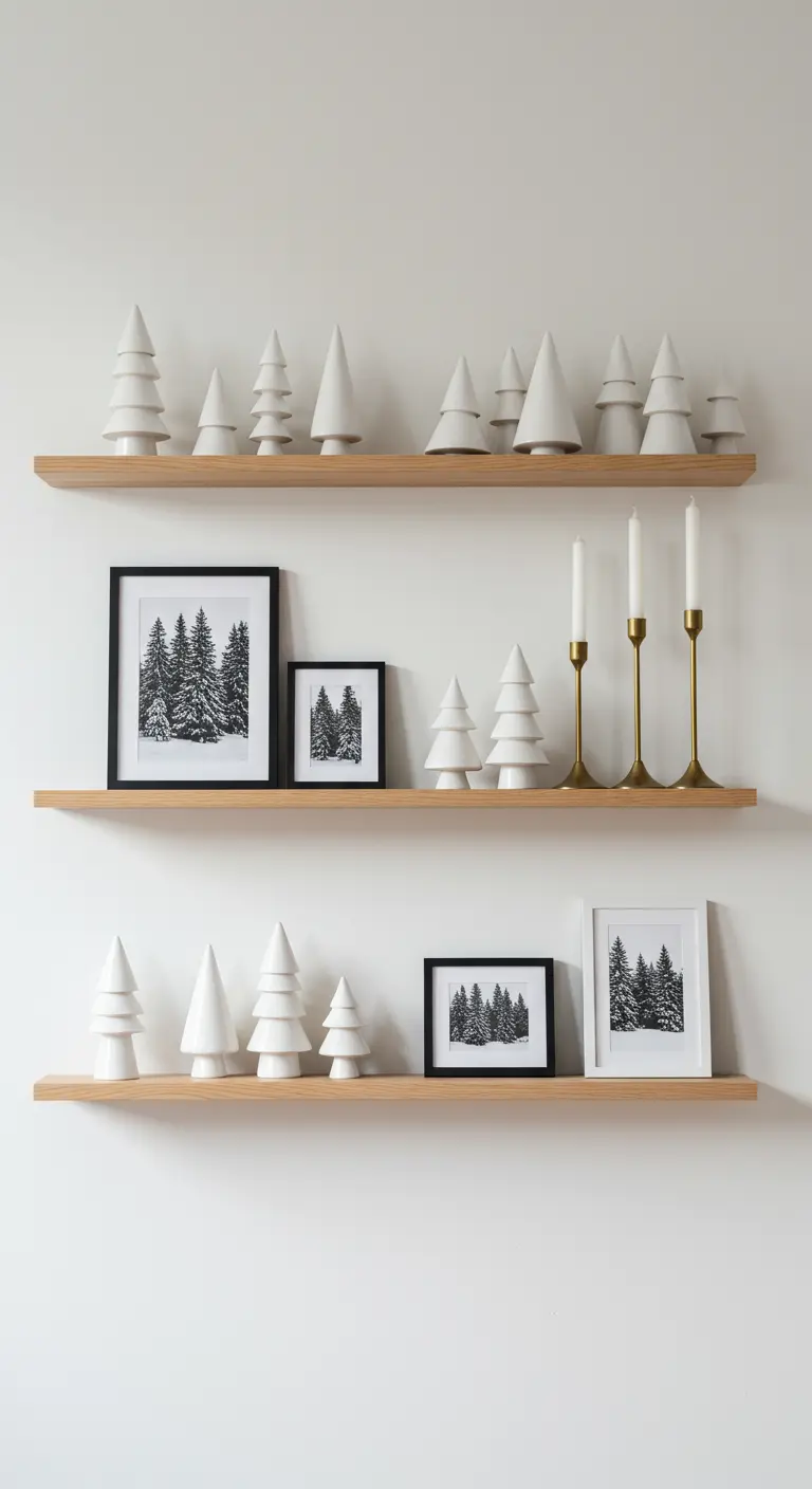 Floating shelves with white ceramic Christmas trees, framed photos, and brass candlesticks.