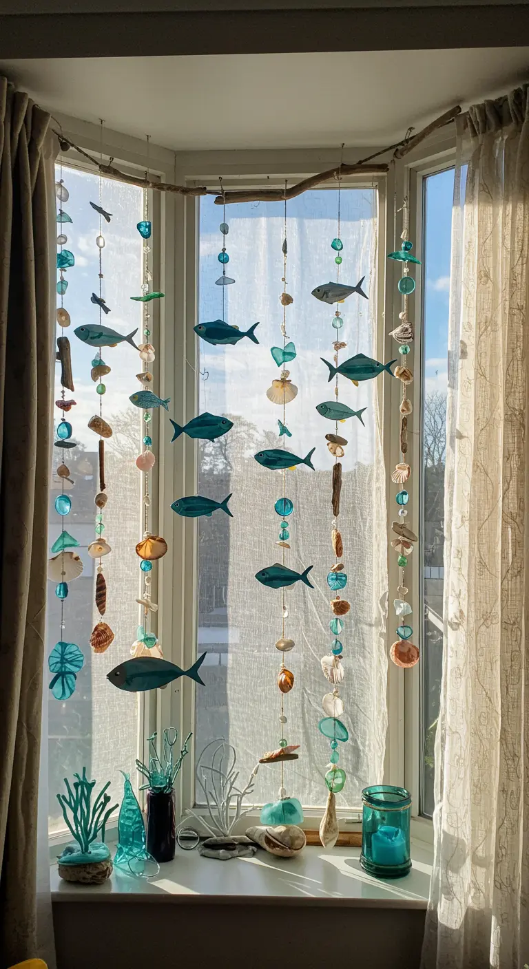 A suncatcher in a bay window made of hanging strands of sea glass, shells, and wooden fish.