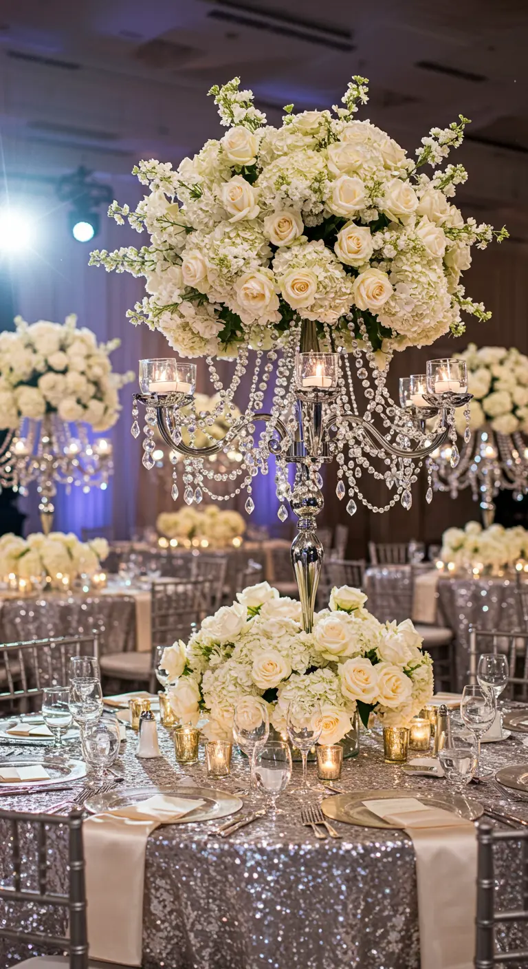 An all-white wedding theme with silver sequin tablecloths and large centerpieces of white flowers.