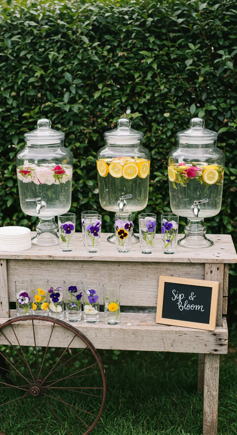 Glass drink dispensers with lemon slices and edible flowers on a rustic cart.
