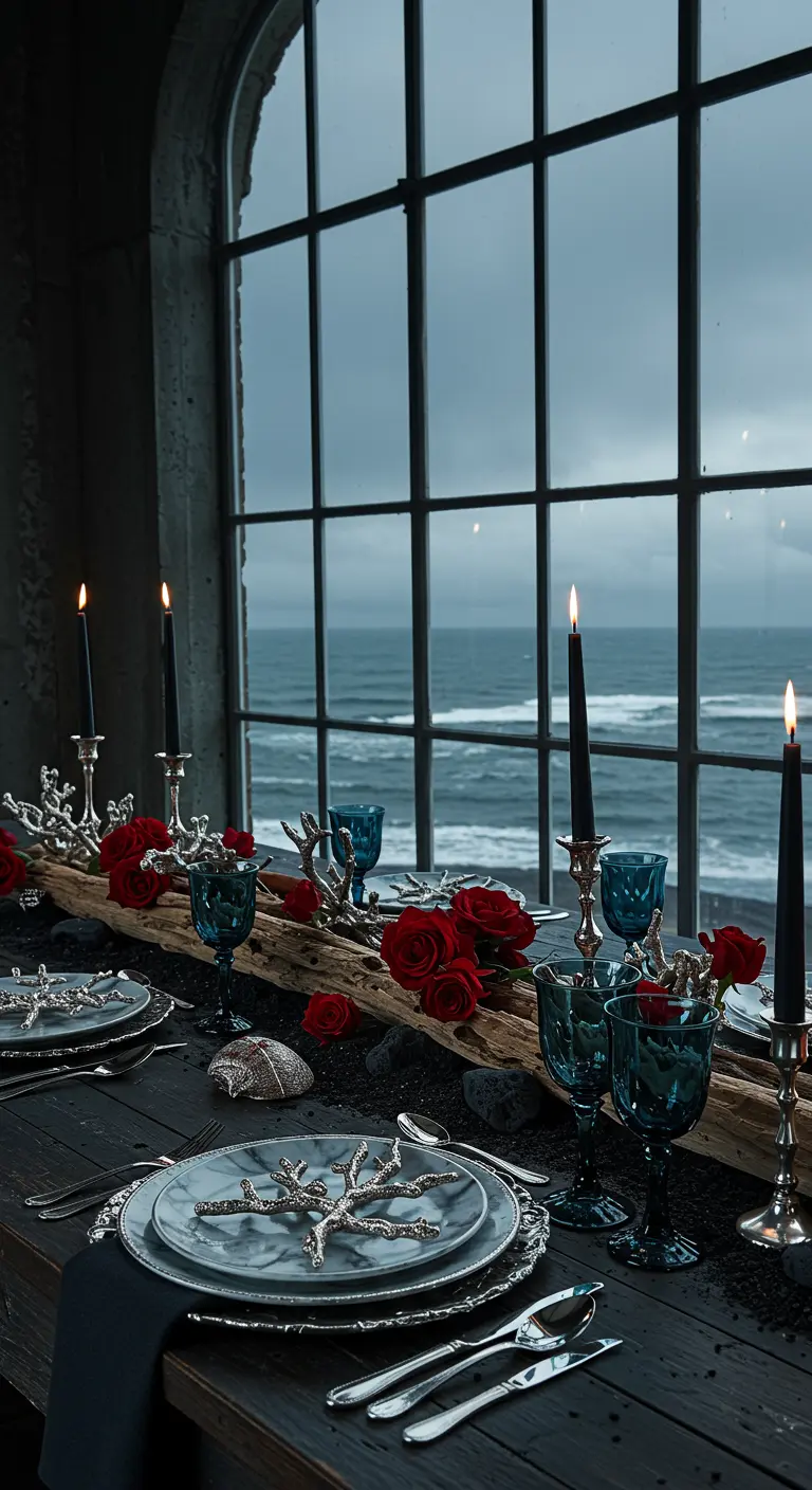 Coastal gothic table with driftwood, coral-shaped decor, and deep teal glasses by a window.