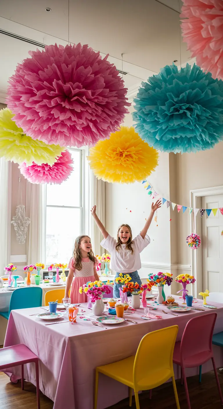 Girls at a party with giant pink, yellow, and blue pom-poms hanging from the ceiling.