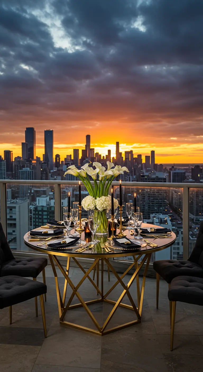 A glamorous rooftop table with a gold base, black accents, and calla lilies at sunset.