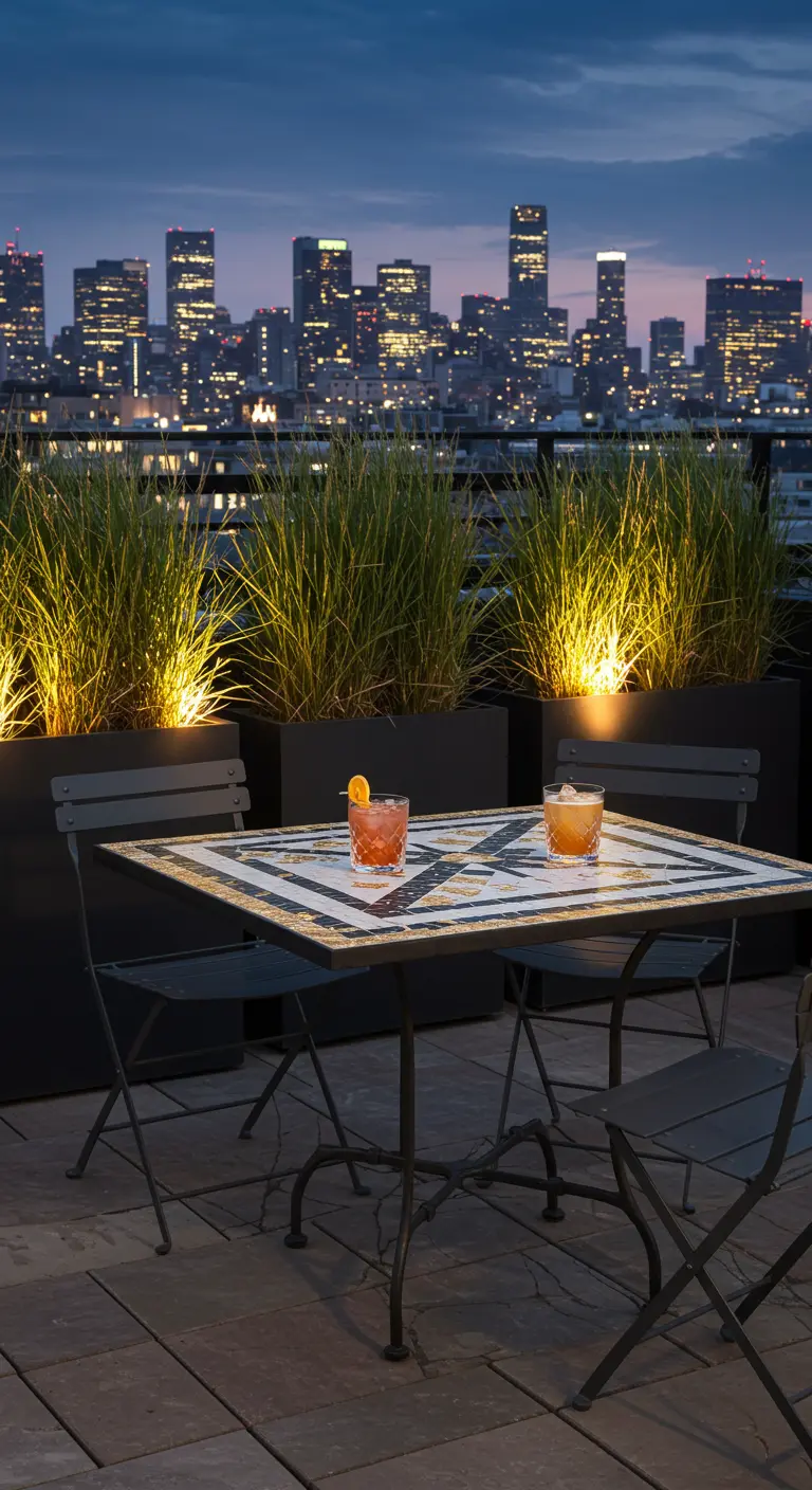 Modern mosaic bistro table on a rooftop patio with an illuminated city skyline at night.