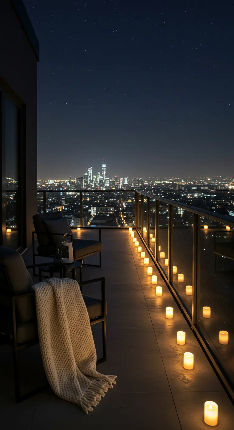 A modern balcony with a line of tea lights along the glass railing, overlooking a city at night.