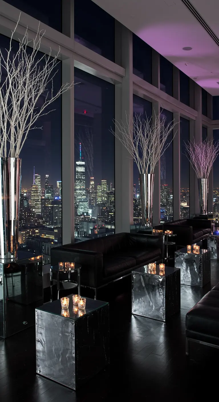 A modern lounge with mirrored cube tables and white branches in silver vases overlooking a city skyline.