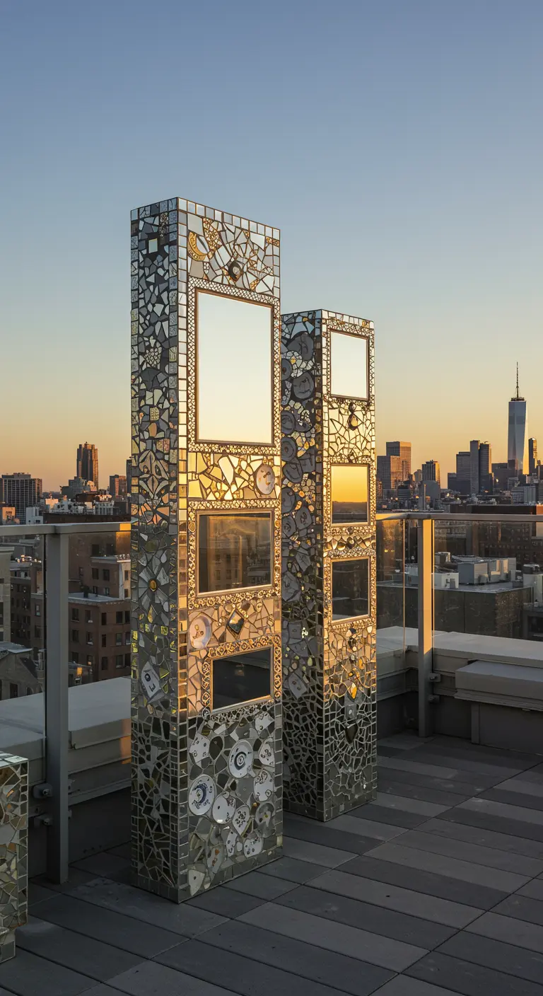 Two mosaic towers with mirrors reflecting a city skyline on a rooftop patio.