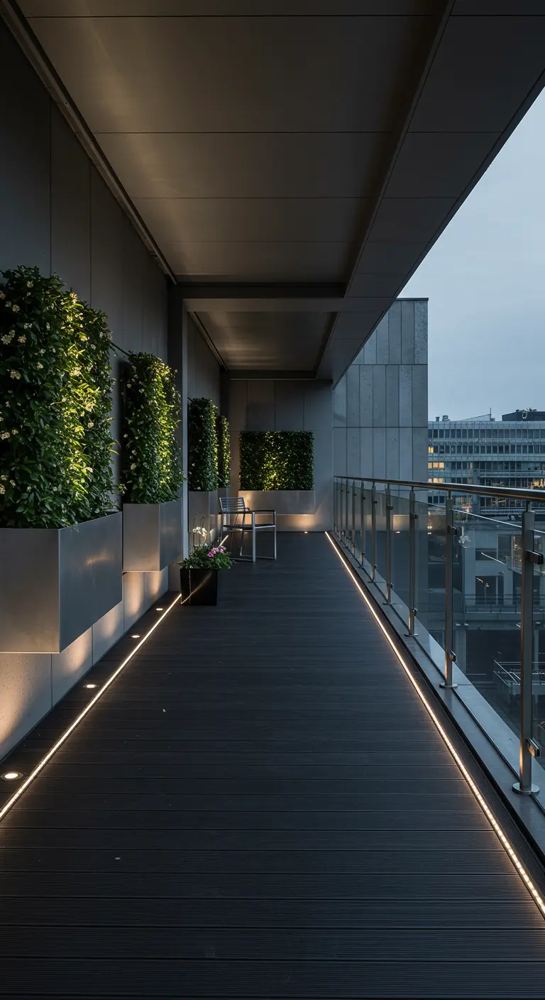 Long modern balcony with built-in planters, evergreen plants, illuminated wall niches, and floor lighting.