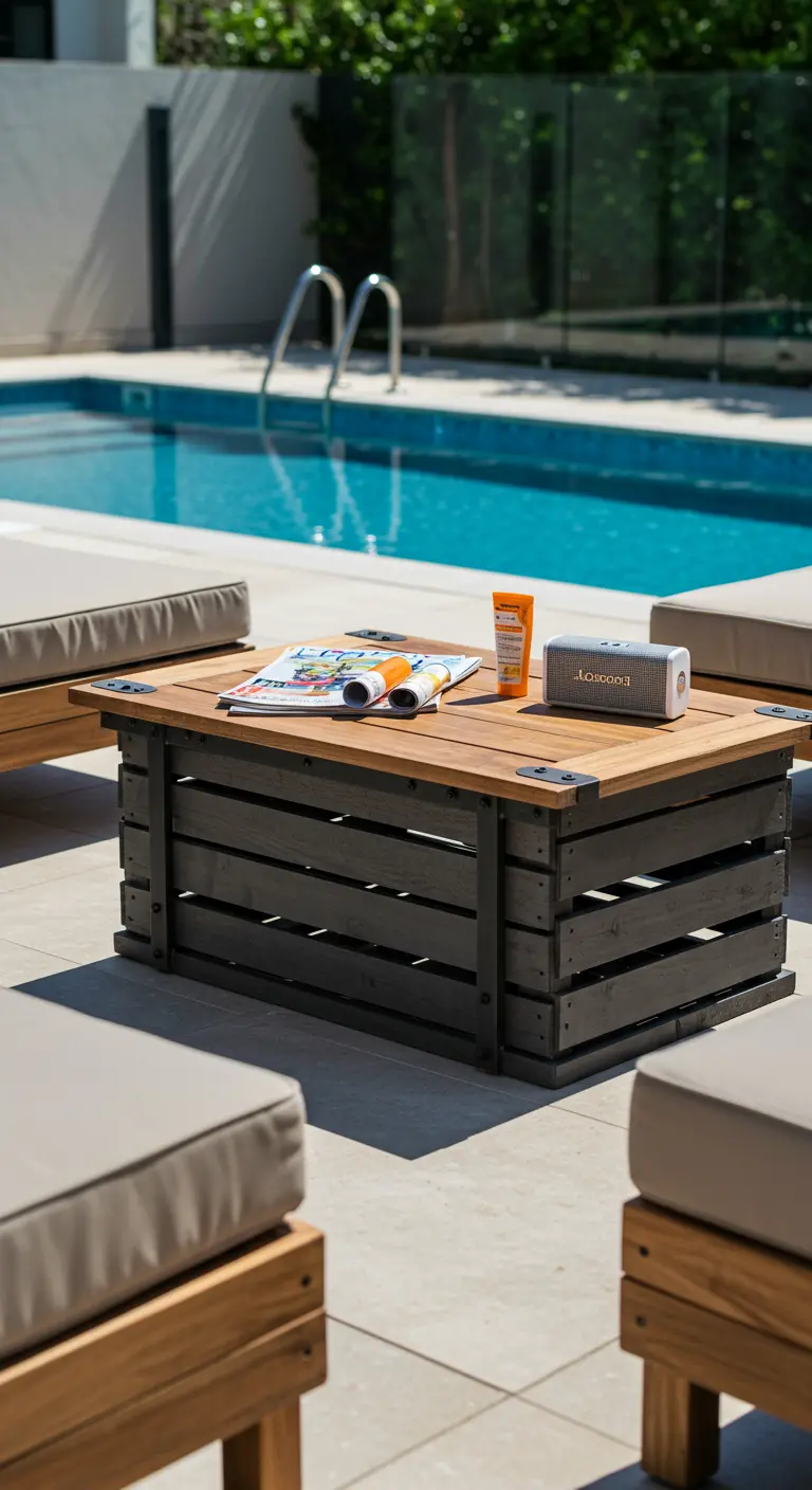 Dark grey crate table with metal corner hardware next to a swimming pool.