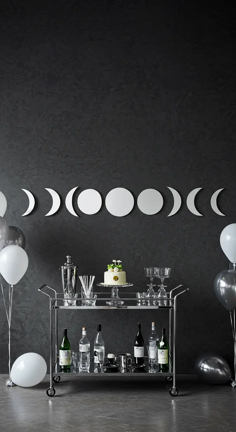A chrome bar cart with drinks in front of a dark wall with a silver moon phase garland.
