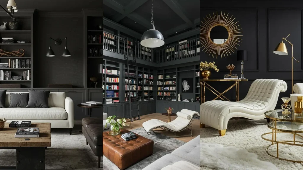 Sleek, high-contrast living rooms with charcoal walls and white leather chaise lounges.