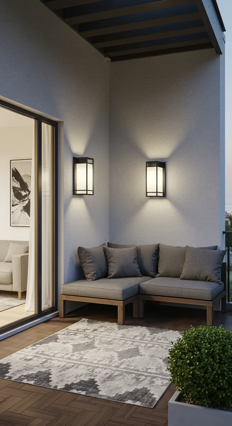 Modern balcony with built-in lantern sconces, a gray sectional sofa, and a gray patterned rug.