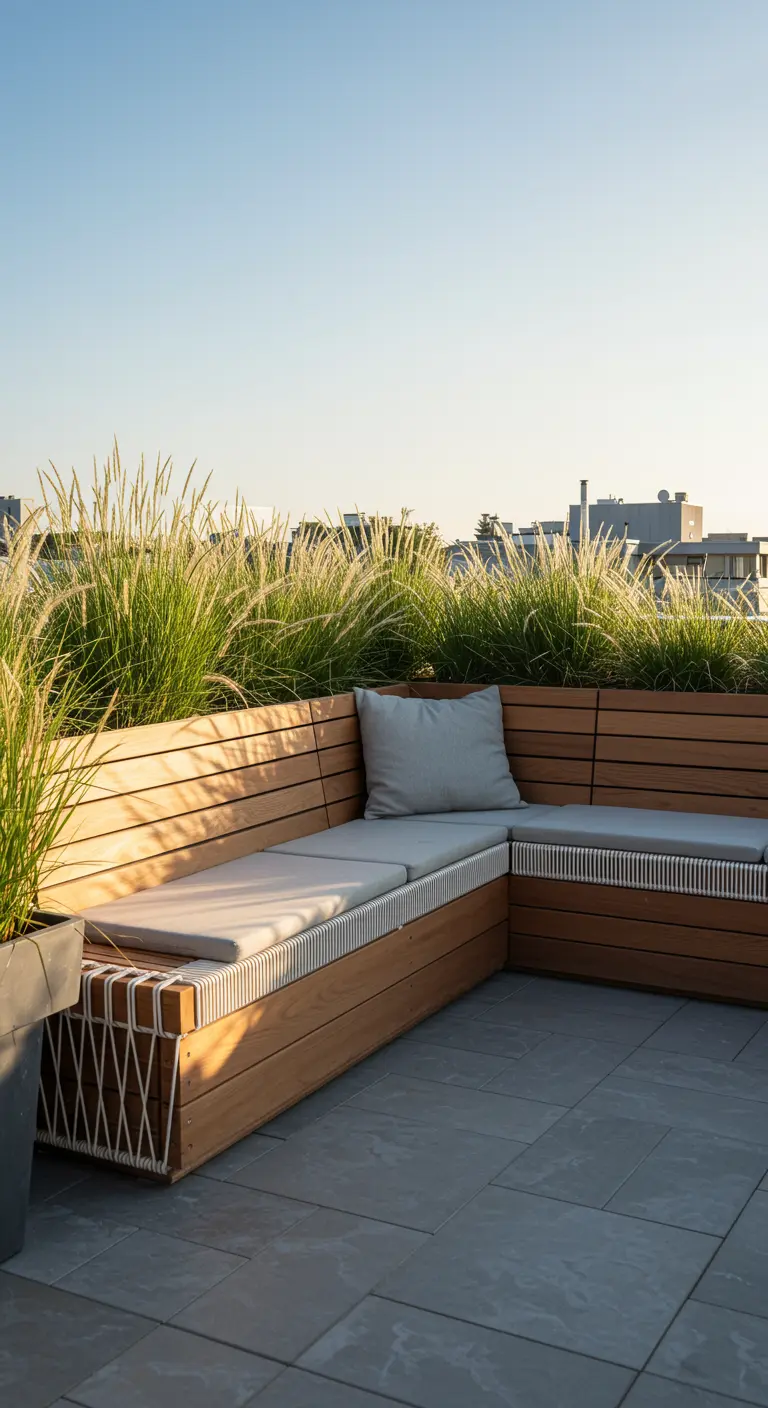 A modern L-shaped wooden bench with white rope detail on a rooftop terrace with ornamental grasses.