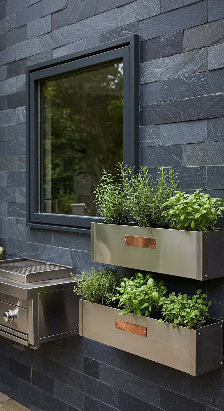 Modern stainless steel planter boxes filled with herbs mounted on a dark slate wall.