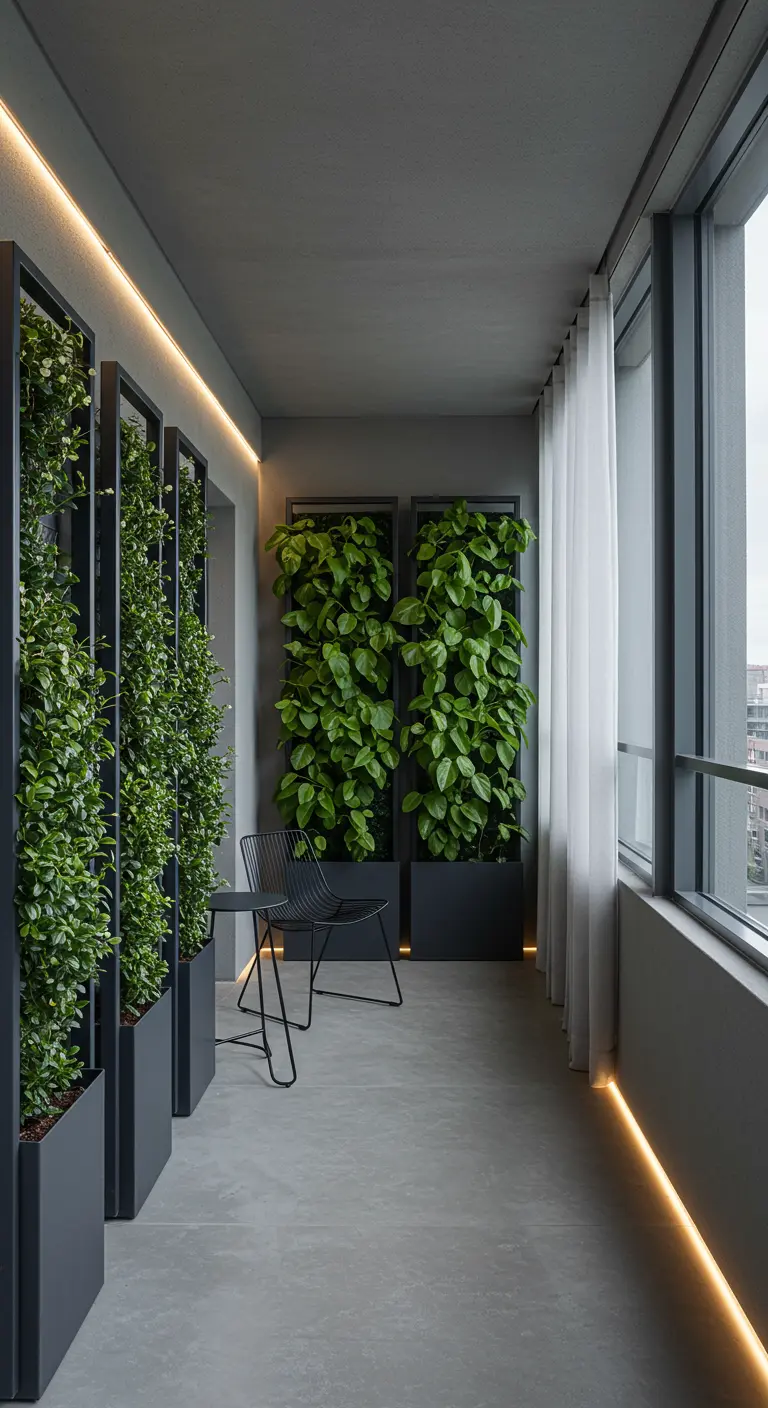 Modern narrow balcony with tall vertical green planters, linear LED lighting, and minimalist black chair.