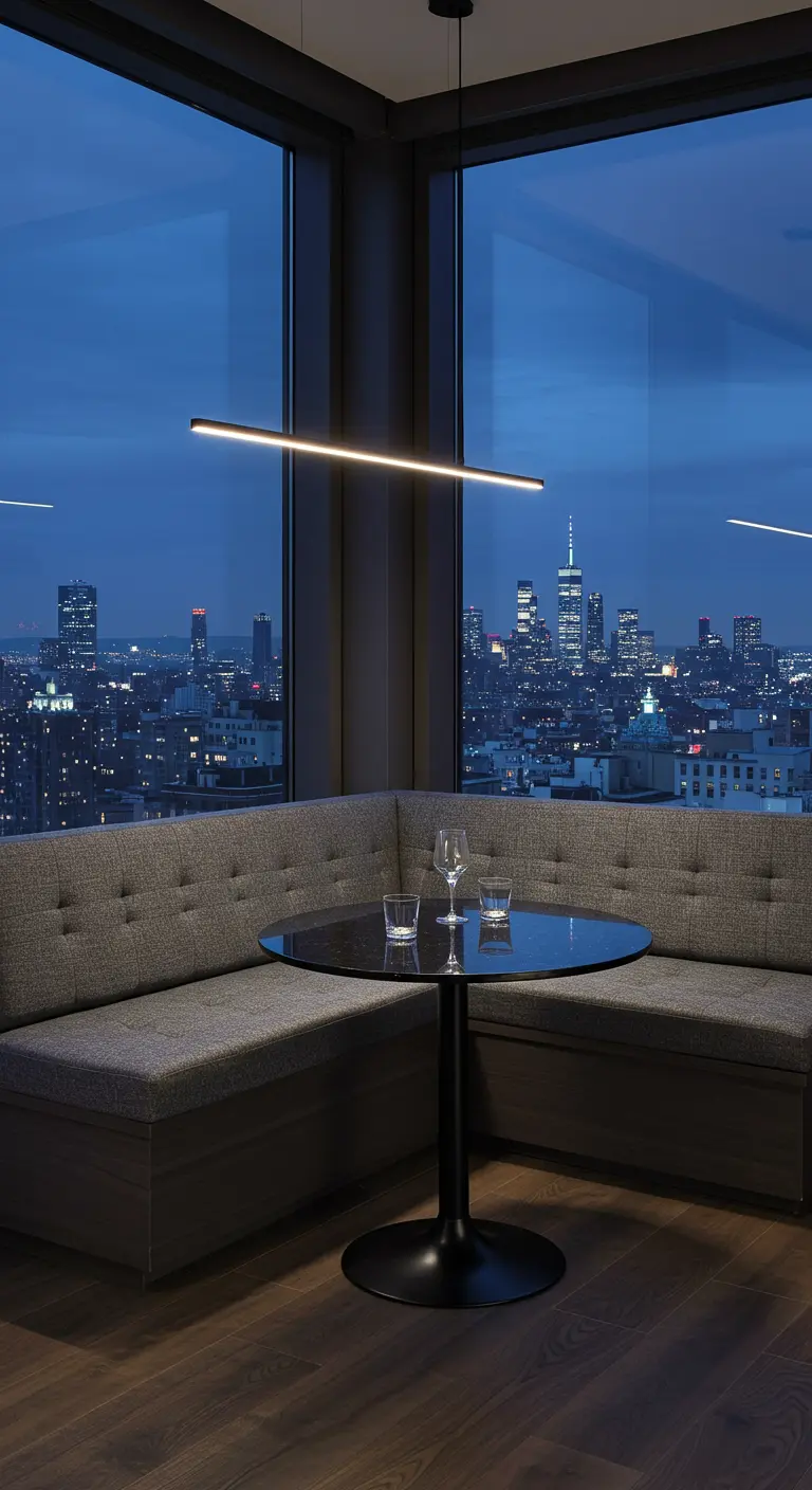 A modern dining nook with a grey banquette overlooking a city skyline at night.