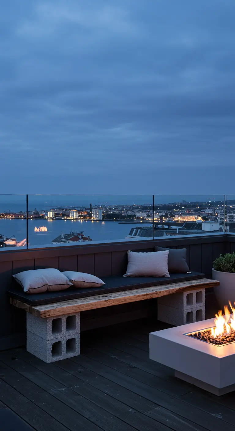 A cinder block and driftwood bench on a city rooftop at night, next to a modern fire pit.