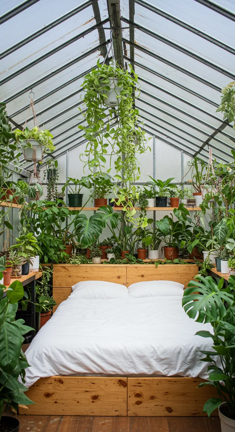 A simple wooden bed with white linens placed inside a glass greenhouse full of plants.