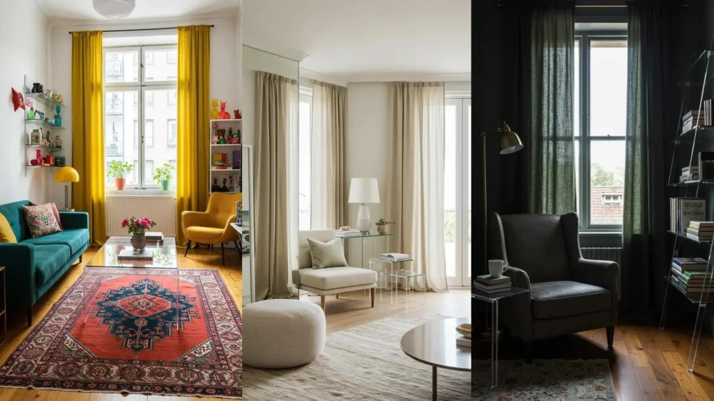 Small living rooms with transparent furniture & high drapes making them feel larger and open.