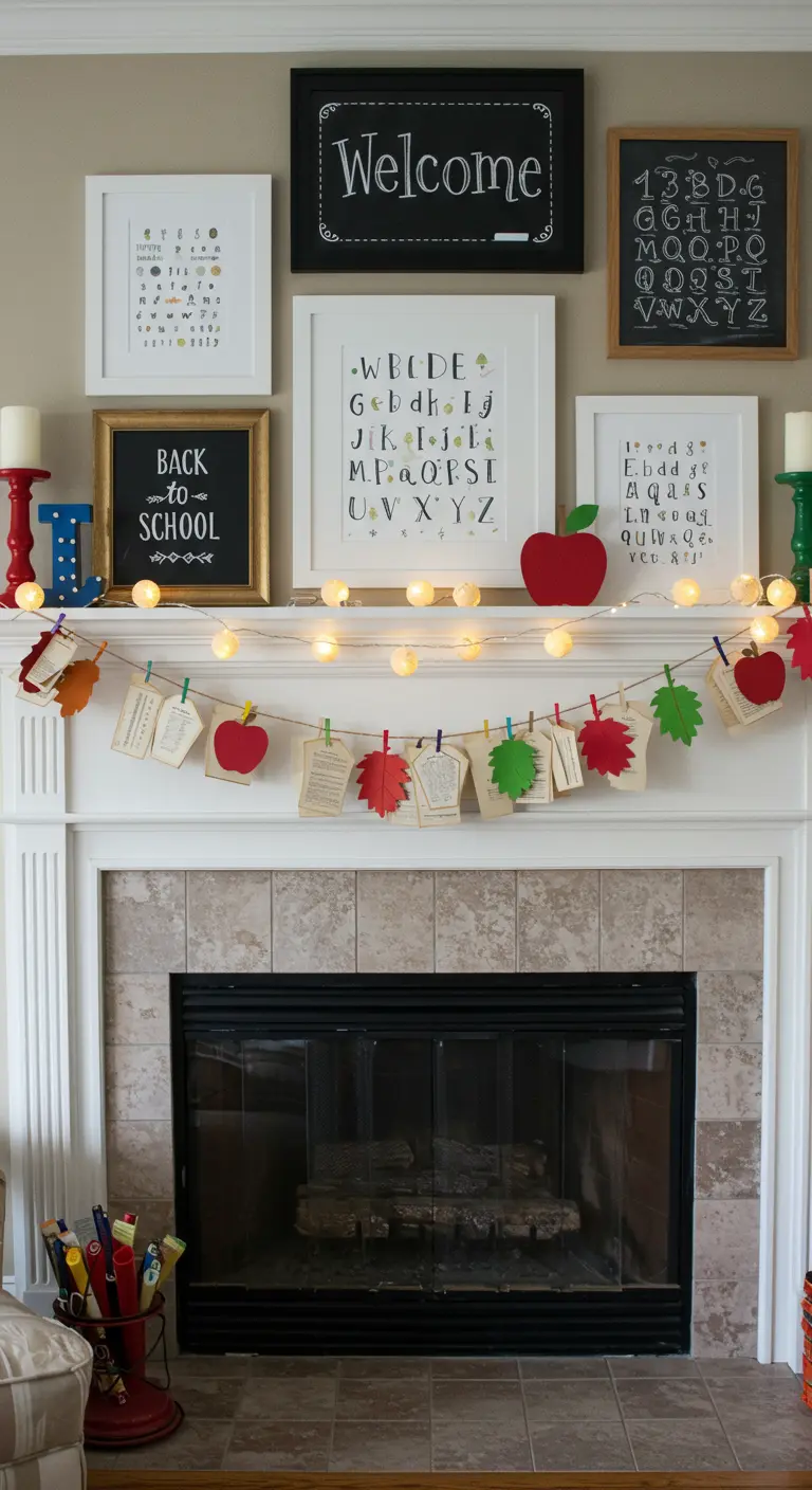 Back-to-school mantel with a book page garland, alphabet art, and apples.