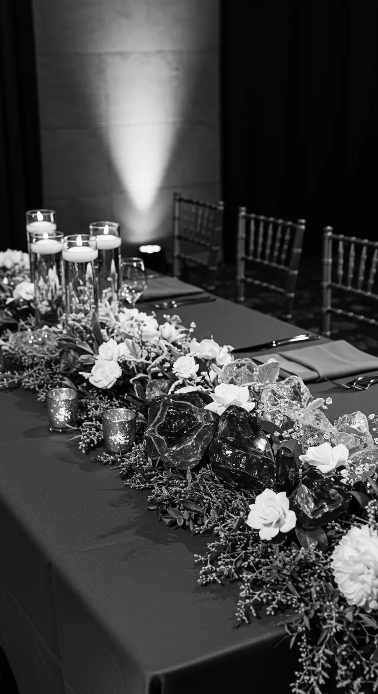 Black and white tablescape with white roses and large smoky quartz crystal clusters.