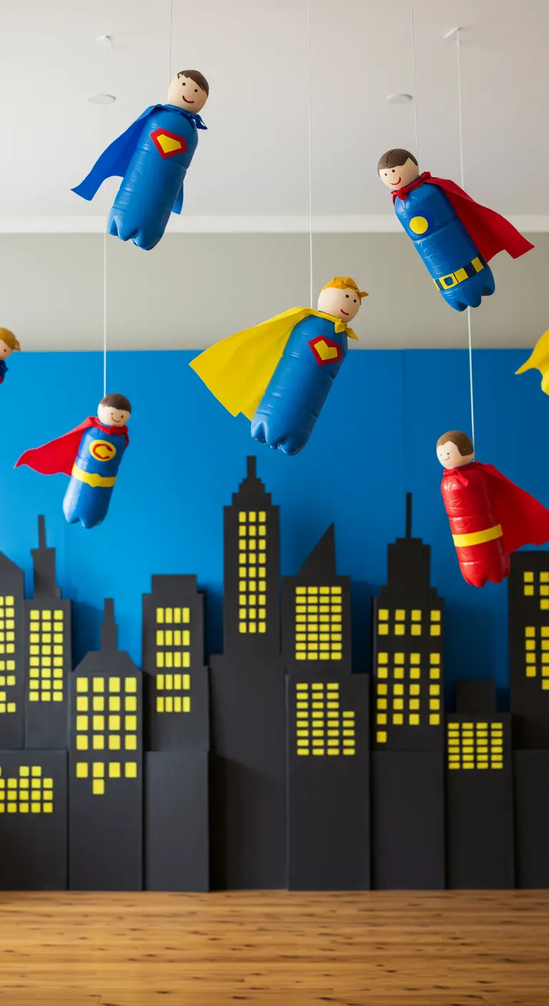 DIY superheroes made from painted plastic bottles hanging from the ceiling.