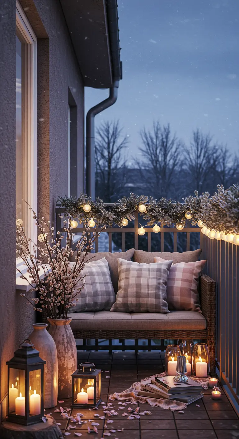 A romantic balcony at dusk with plaid pillows, globe lights, pussy willow branches, and candles.