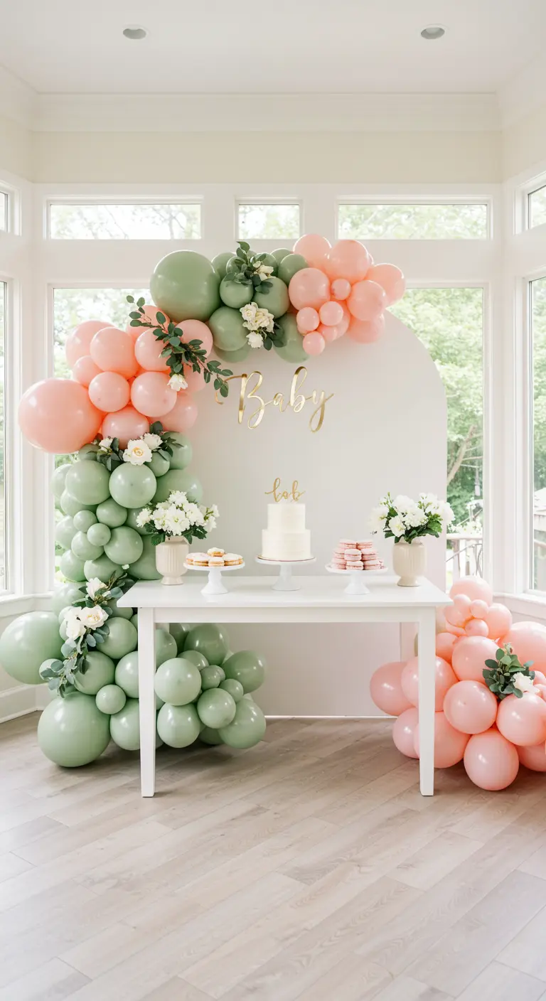 A pastel sage green and peach balloon arch over a baby shower dessert table.