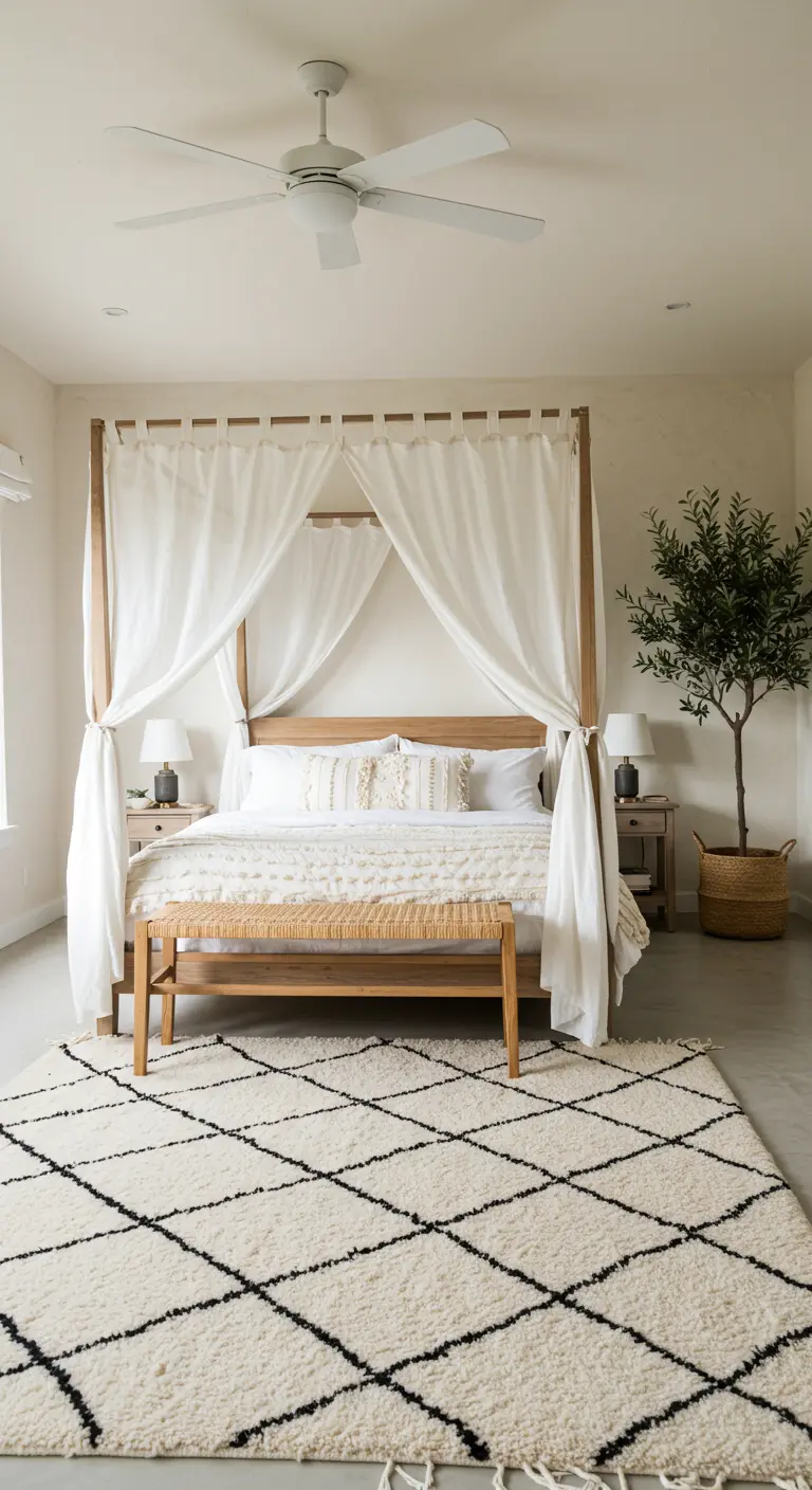 Bedroom with a four-poster bed draped in sheer white curtains and a Moroccan rug.