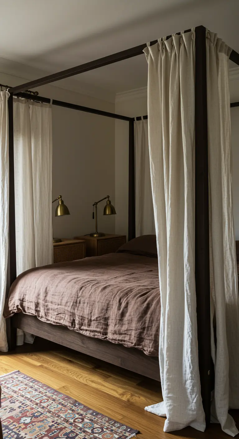 A dark wood four-poster bed draped with light, airy white curtains in a minimalist bedroom.