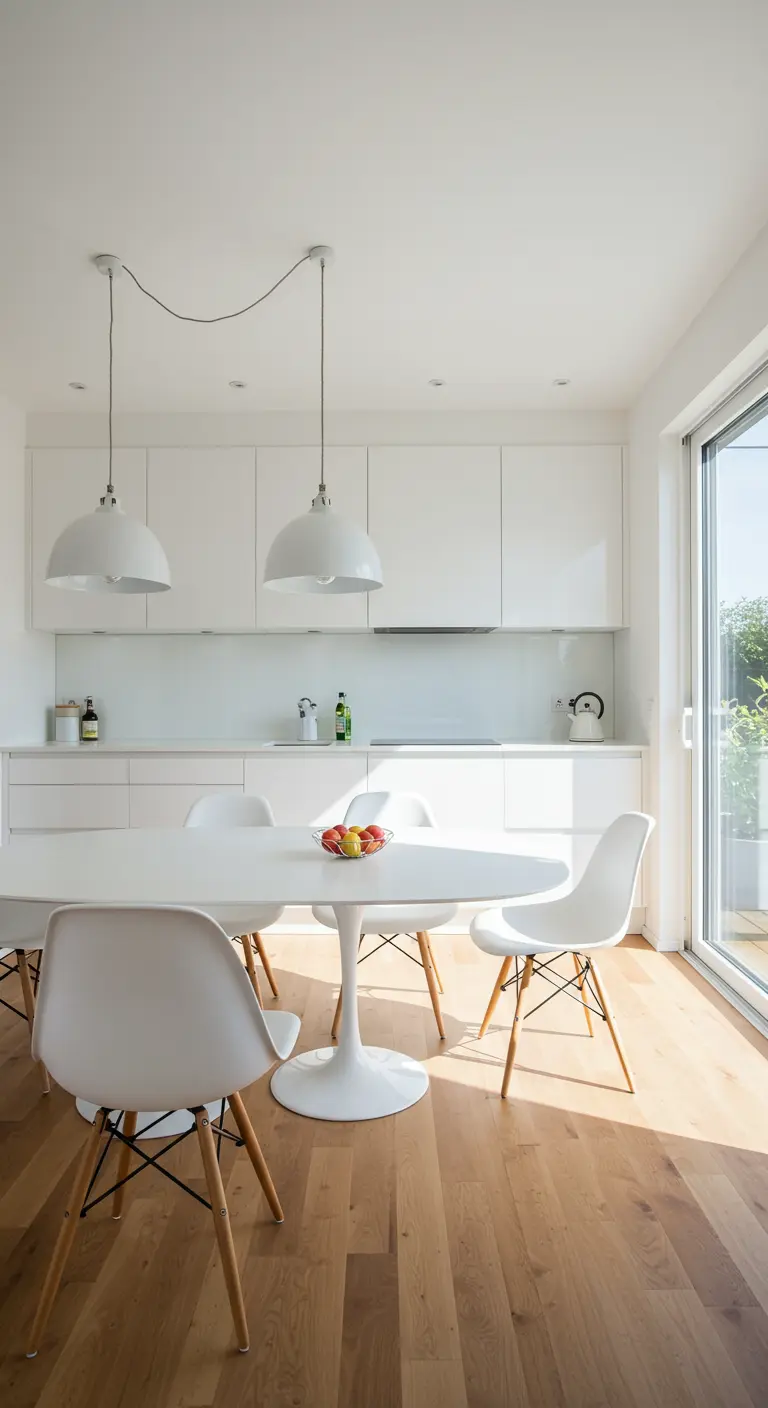 Modern white kitchen and dining area with an oval table and mid-century chairs.