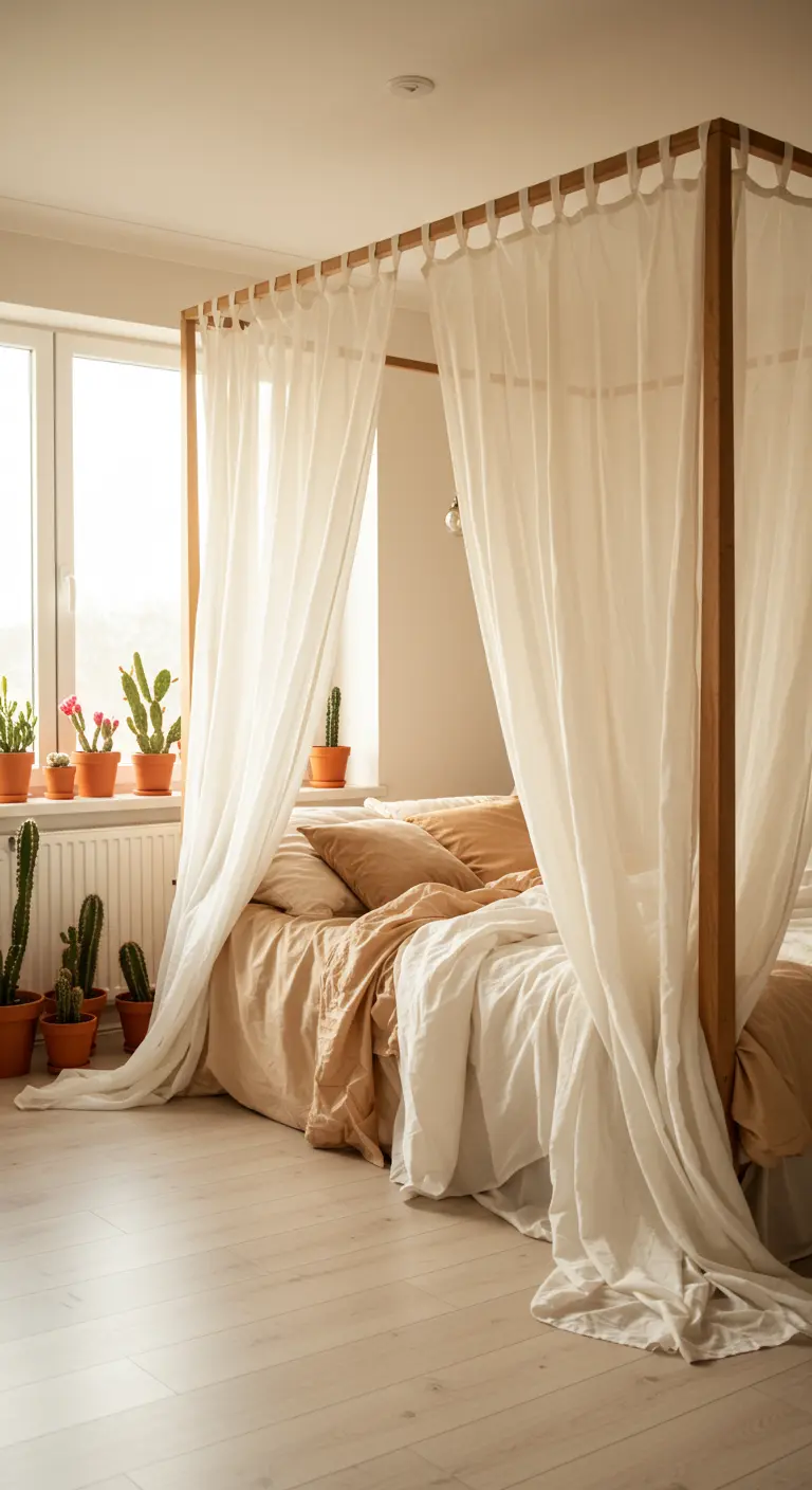 Light-filled bedroom with a simple canopy bed draped in sheer curtains.