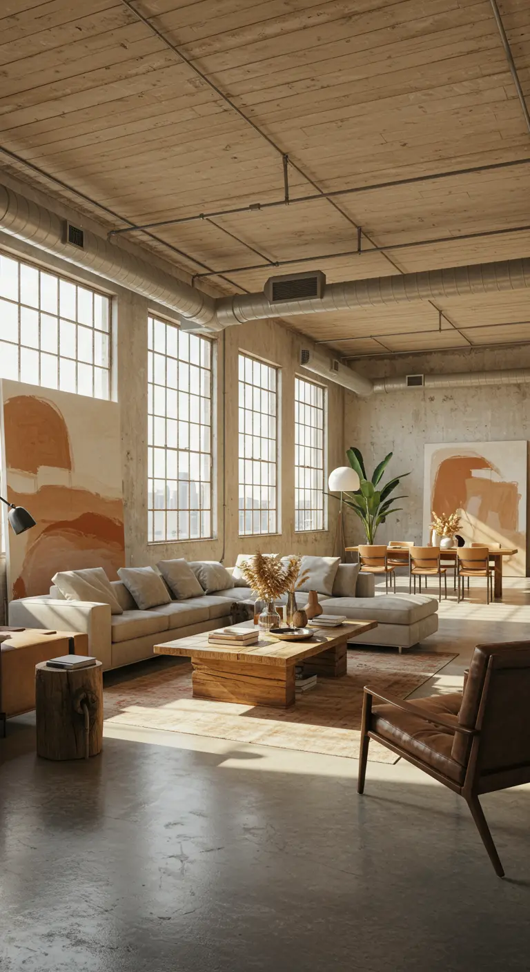A spacious industrial loft living room with concrete floors, exposed ductwork, and soft neutral furniture.