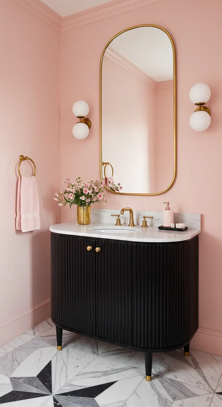 Pink bathroom with a black fluted vanity, an arched gold mirror, and bold geometric flooring.