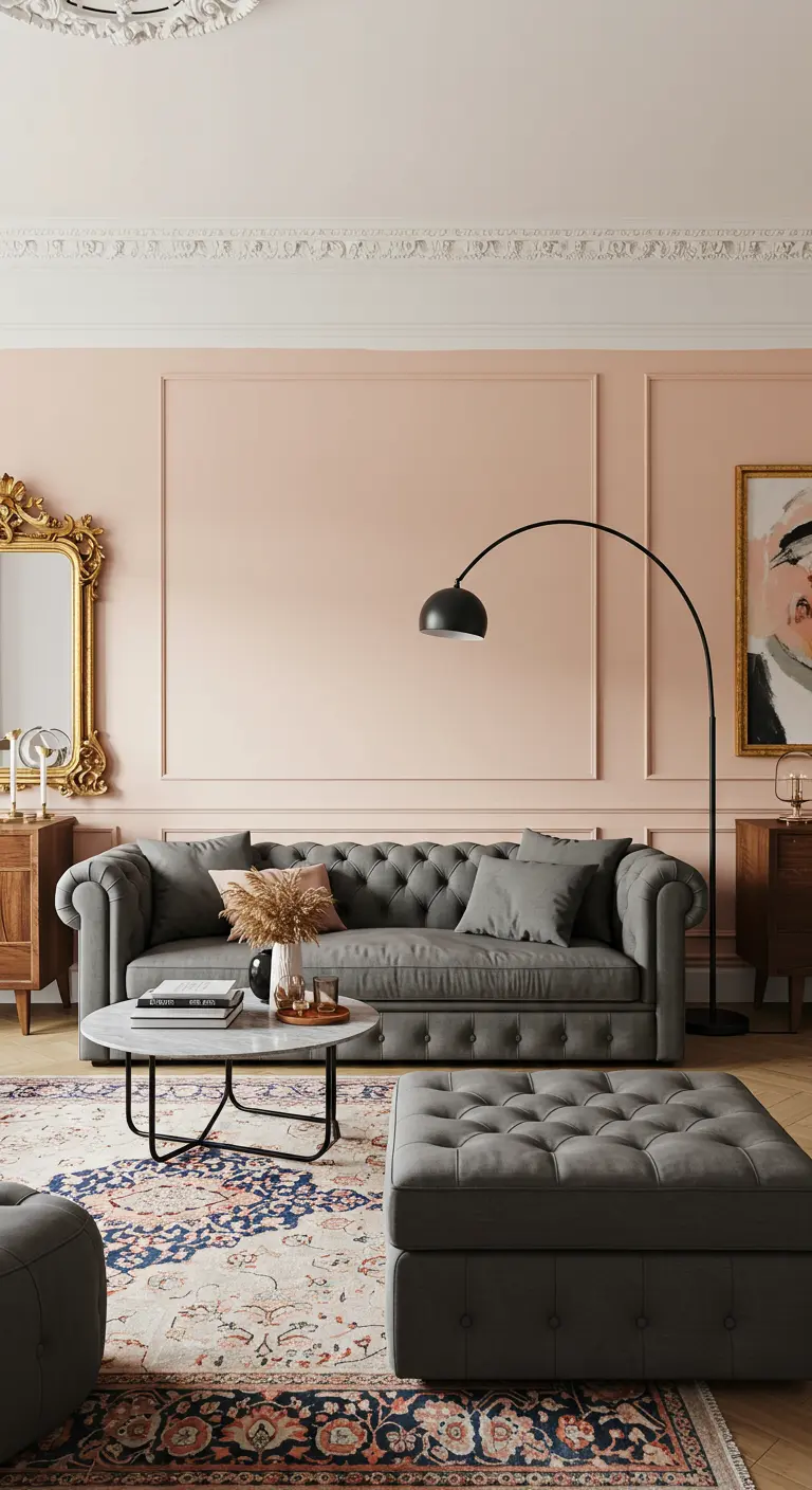 A grey chesterfield sofa in a room with blush pink walls, ornate moulding, and a gold mirror.