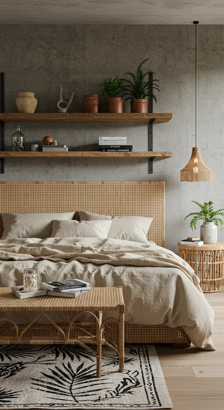 Bedroom with concrete walls, a rattan headboard, and open wood shelves on industrial brackets.
