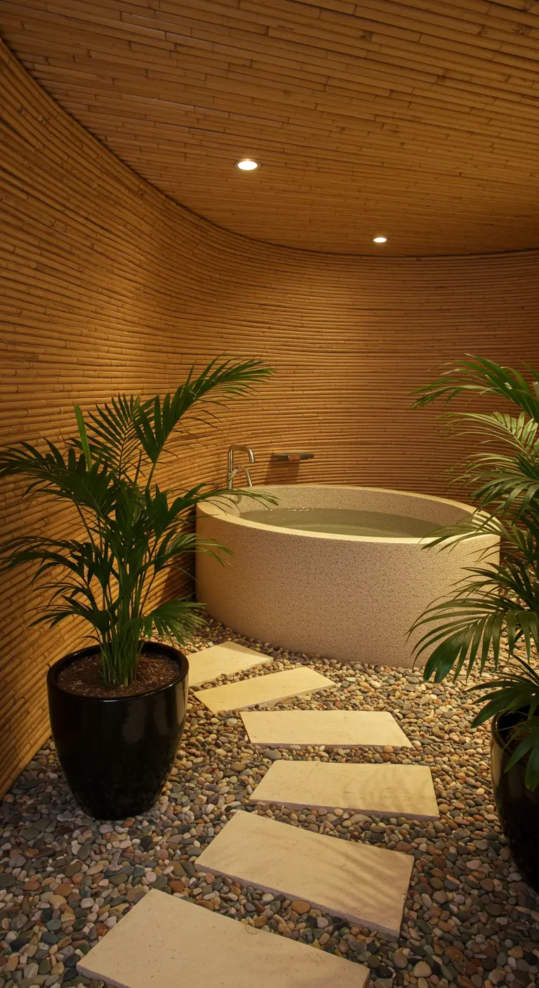 A bathroom with a curved bamboo wall enclosing a terrazzo-style oval tub and palm plants.