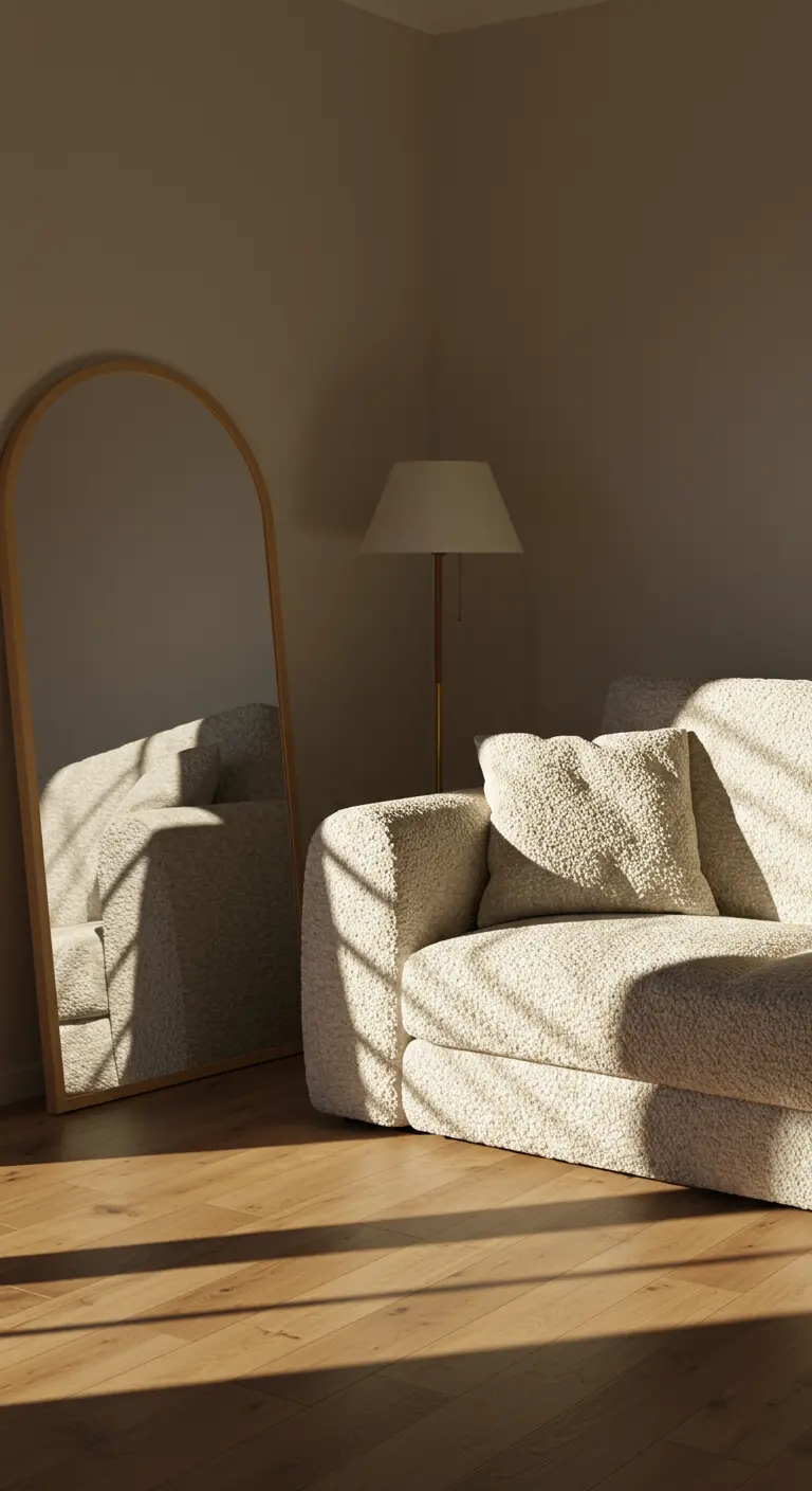 A cozy corner with a textured white sofa and a large, wood-framed arch mirror leaning on the wall.