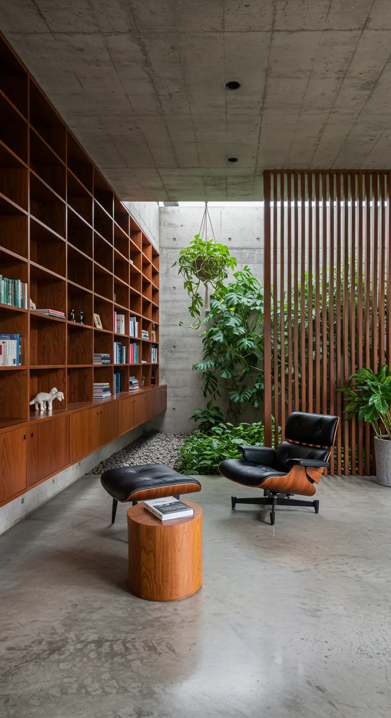 Lounge with floor-to-ceiling wood shelving, a black leather chair, and an indoor garden patch.