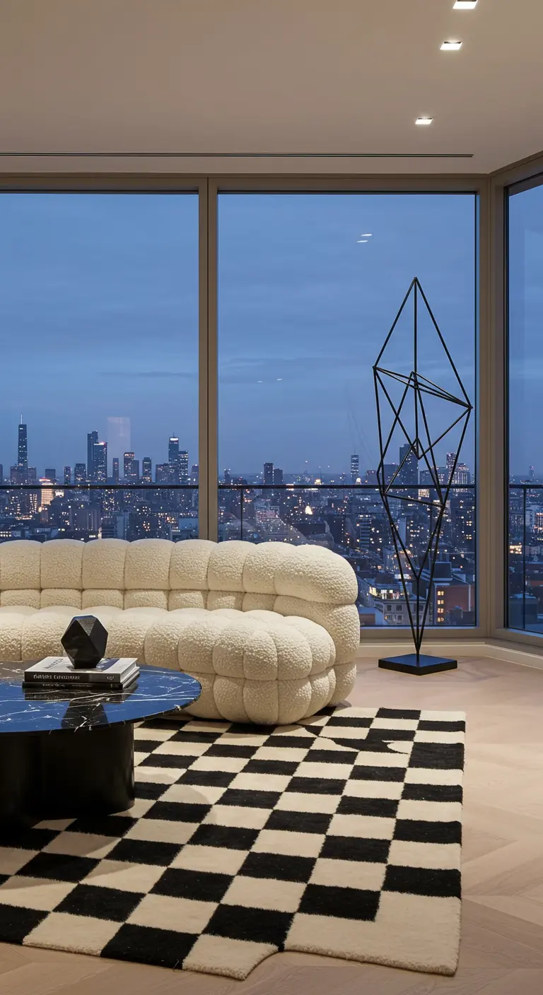 Modern penthouse living room with a white bouclé sofa and a checkerboard rug overlooking a city.