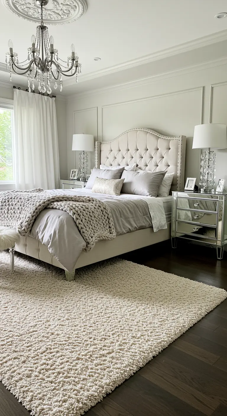 Glamorous bedroom with a chunky knit throw on the bed and a plush shag rug on the floor.